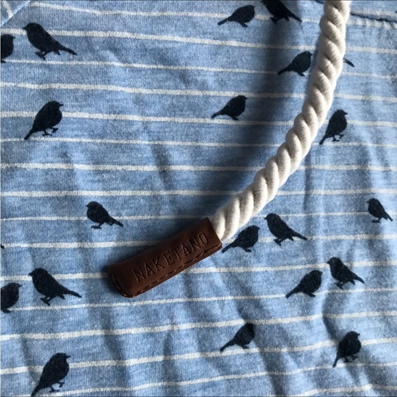 Naketano womens bird print thin blue white striped hooded pullover hoodie - Picture 2 of 8